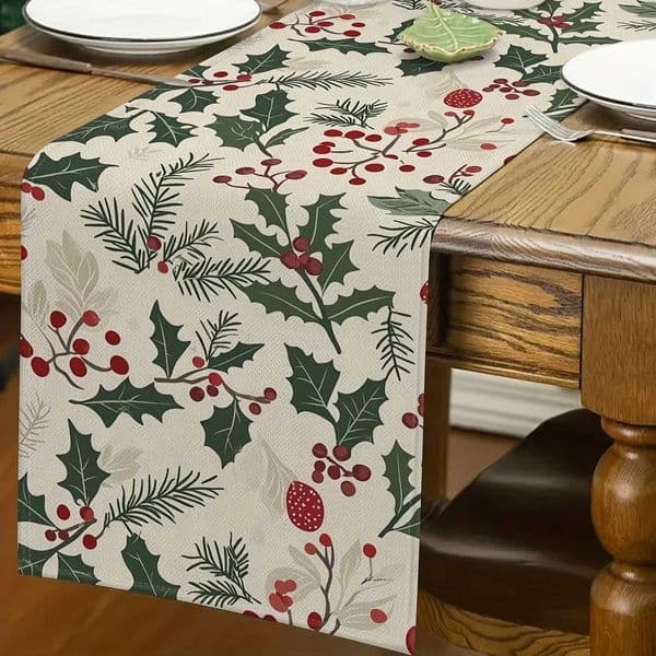 Bohen Christmas Table Runner Holly Red Berries Green Foliage Rectangar Kitchen Dining Holiday Party Decor H251110