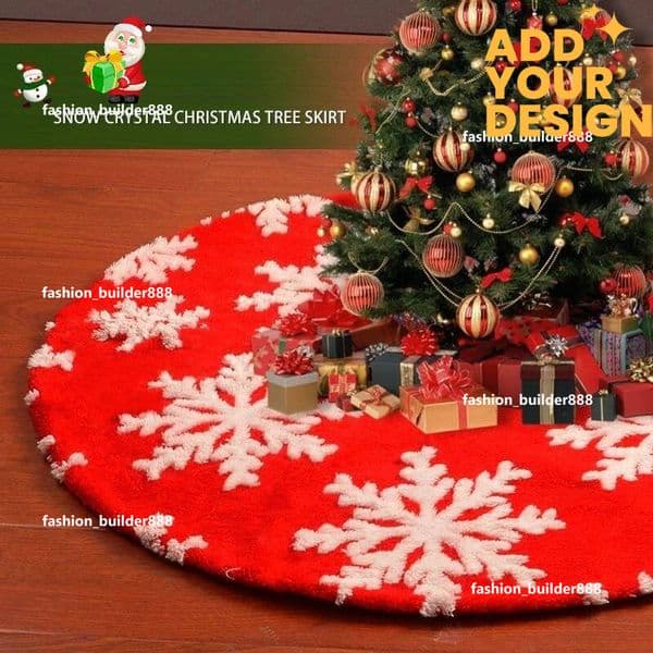 Custom Jacquard Design Tree Dress, Red Plush SnowflakeTree Skirt Xmas Party Family Decoration, 1PC Christmas Decoration