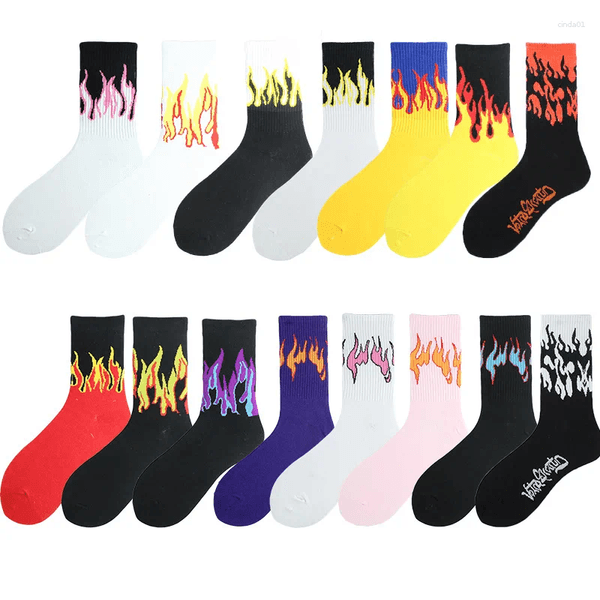 Mens Socks Men Women Fashion Hip Hop Hit Color On Fire Crew Red Flame Blaze Power Torch Warmth Street Skateboard L260514