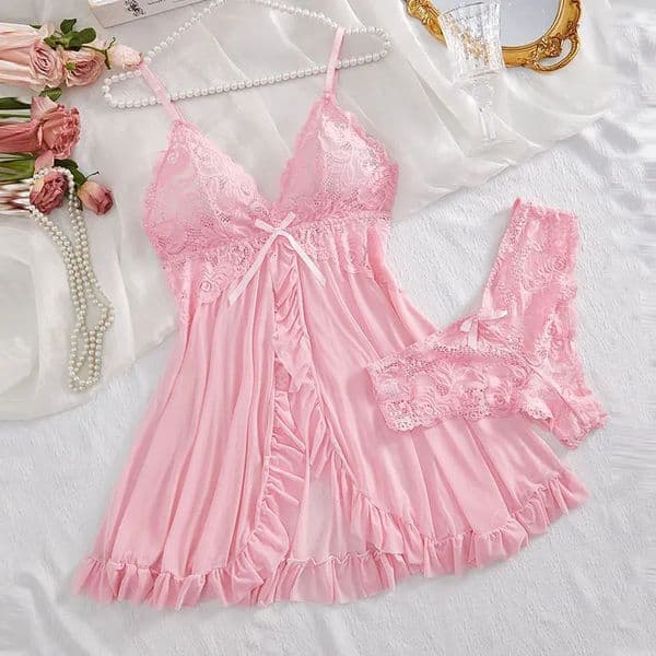 2 Pcs Set Lace Nightgown Women Exquisite Homewear Nighties Pajamas Transparent Split Nightdress VNeck Bra Panty Sets 251110BJ