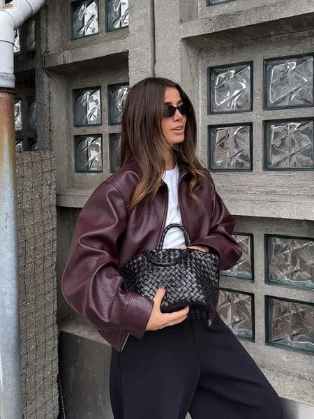 Wine Red Lapel Leather Short Coat Retro Womens Zipper Long Sleeve Jackets Female Autumn Fashion High Street 251110