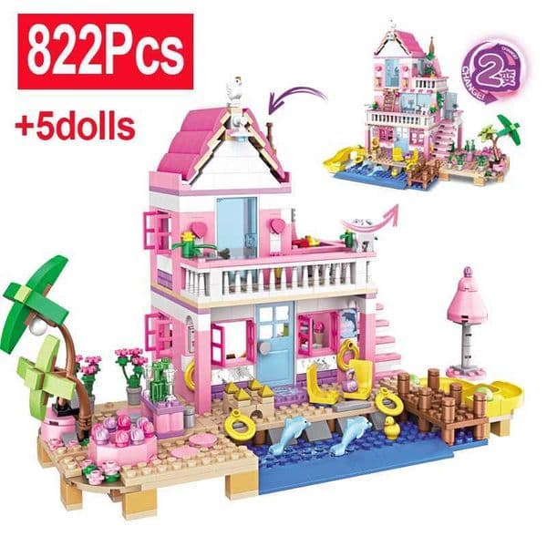 2 in 1 822Pcs City House Summer Holiday Seaside Villa Apartment Building Blocks Beach Wharf Sets Figures Toys for Kid Girls Gift X251110