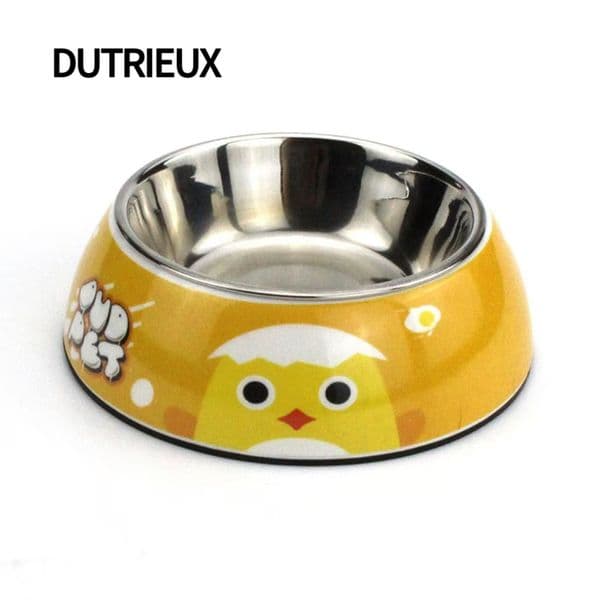 H1378 Wholesale pet tableware, stainless steel double bowls, non-slip food bowls, cartoon printed dog and cat bowls, logo customization available.