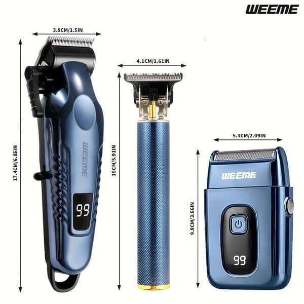 WEEME Men's Blue Beard Set, Household Clipper 0 Gap Trimmer + Electric Shaving Kit. USB Charging, LCD Display Of Battery Level, Hair Styling, Shaving,