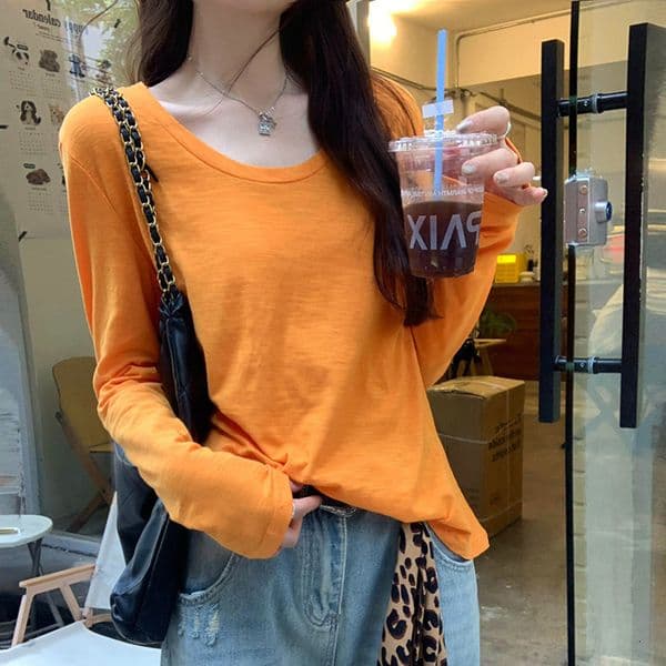 Korean Style Simple Base Layer Tees Womens Spring Summer 100 Cotton Tshirt Bottoming Basic Solid Lady Long Sleeve Loose Tops 251105BJ