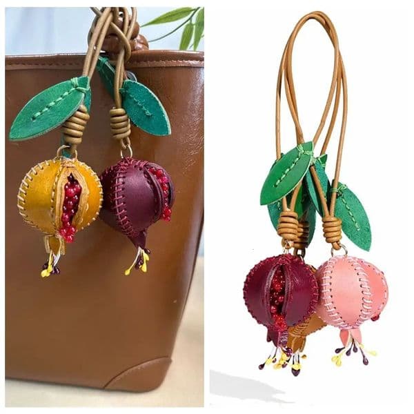 Genuine Leather Pomegranate Fruit Pendant Creative Handmade Fashion Delicate Handbag Ornament Cute Personalized Bag Accessories 251110