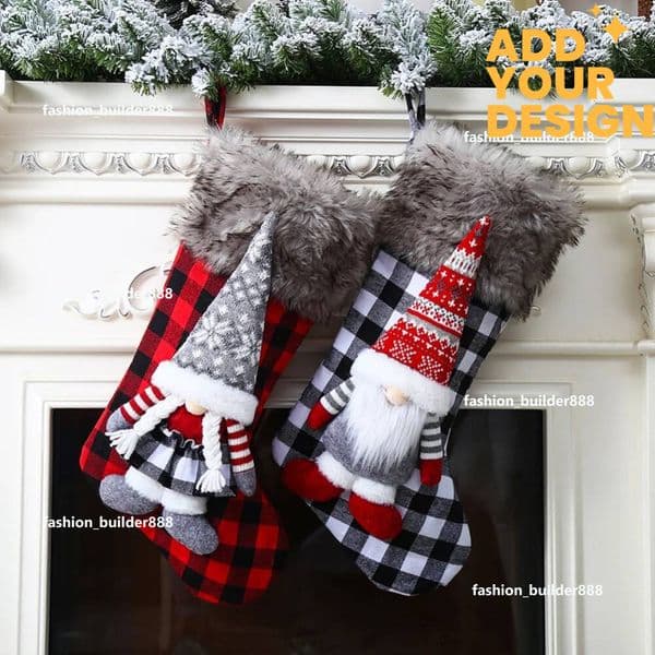 Custom 2 Pack, Buffalo Plaid Christmas Stockings with 3D Gnome Santa & Faux Fur Cuff
