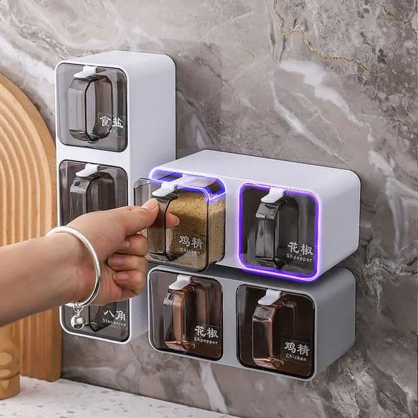 Wall-mounted Seasoning Box Spice Rack Sugar Bowl Salt Shaker Seasoning Container Spice Boxes with Spoons Kitchen Combination Set 250402