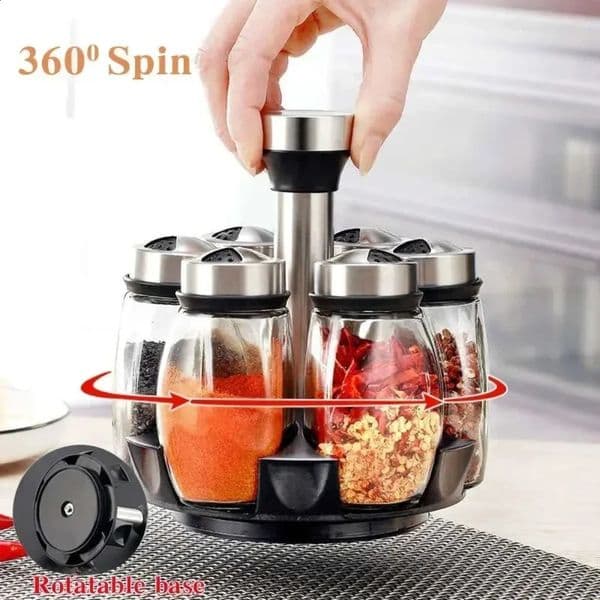 7pcs Spice Jar Set Rack Glass Organizer Rotating Glass Seasoning Sugar Pepper Bottles Salt Shakers Holder Kitchen Storage Rack 250402