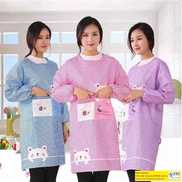 Adult Women Apron Cute Kitchen Apron Long Sleeve 2 Pocket Anti Oil Waterproof Bib Kitchen Aprons Household Cleaning Accessories LL