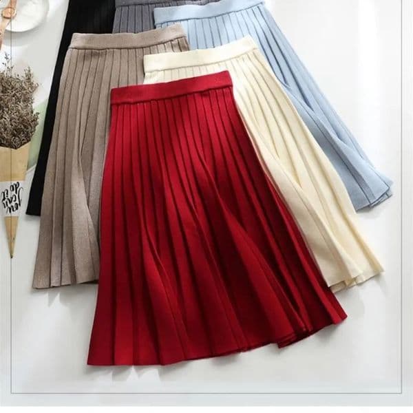 Elegant and fashionable solid color knitted pleated skiing autumn winter ALine trend fullcolor elastic high waisted womens clothing 250407BANJIA