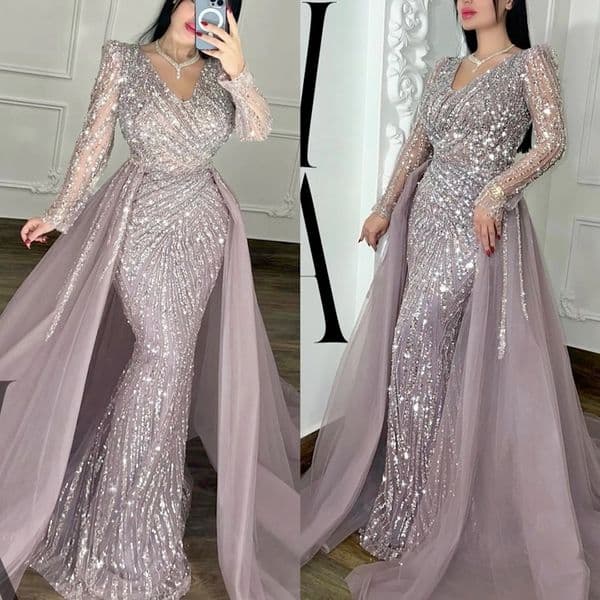 Luxurious Purple Crystal Mermaid Evening Dress With Detachable Train V Neck Long Sleeves Beaded Prom Dress Arabic Muslim Formal Dresses For Women