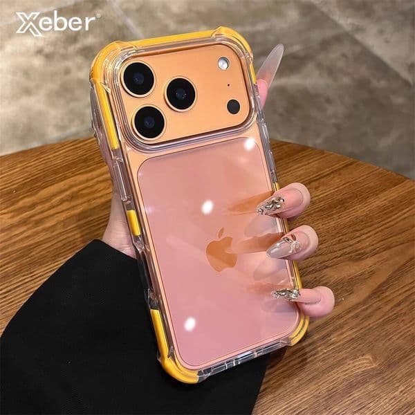 For iPhone 17 Air 16 15 14 Pro Max Transparent Clear Ultra Thin Acrylic Armor Case Four Corner Shockproof TPU Orange Back Cover