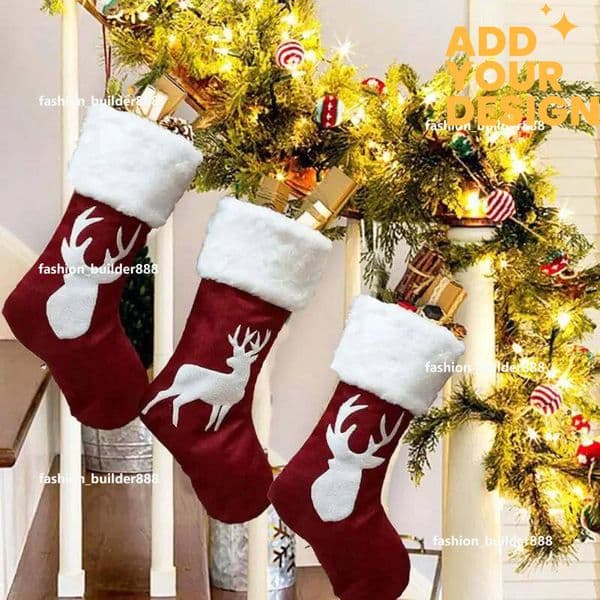 Custom Christmas Stockings Socks Gifts Candy Bag Elk Xmas Tree Deer Printing Pocket Hanging Ornament New Year 2025 Christma Decorations