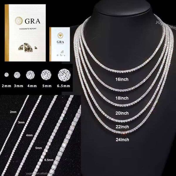Real Solid 10K Gold 3mm--5mm Wide Pass Test Moissanite Dia Tennis Necklace/bracelet Chain for Fine Jewelry