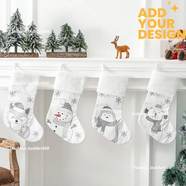 Custom Snowflake Snowman White Stockings Xmas Ornament Animals Penguin Christmas Pendant Non-woven Fabric Gift Socks