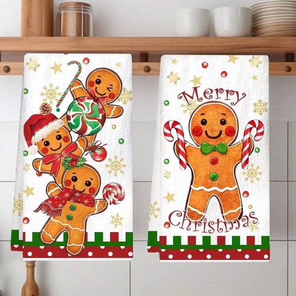 Christmas 2pcs Kitchen Towels Merry Party Decoration 2025 Xmas Gingerbread Man Dish Towel Navidad New Year Gift 2026 ddmytues