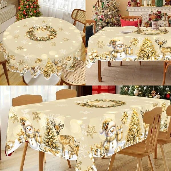 Christmas Golden Snowman Tablecloth Decorations for Home 2025 Xmas Gifts Navidad New Year 2026 Dining Table Cover ddmytues