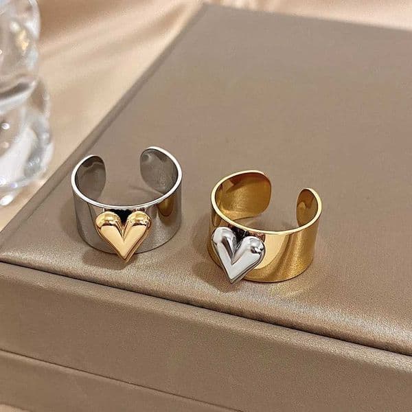 Large stainless steel heart-shaped cuff ring suitable for women trendy and wide personalized with extended European and American jewelryXJ250412