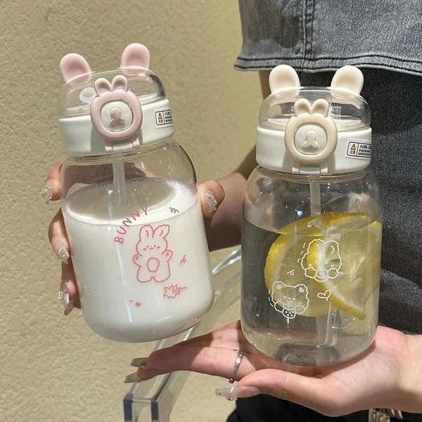 500ml Kawaii Rabbit Water Bottle Portable Cute Ear Shaped Drinking Cup with Straw and Lid Summer Drinkware for Outdoor Camping 250407