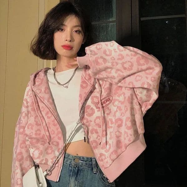 Pink Leopard Slip-On Cropped Cardigan Jacket Womens Spring Autumn Loose-Fit Hong Kong Style Vintage Hooded Sweatshirt 251112