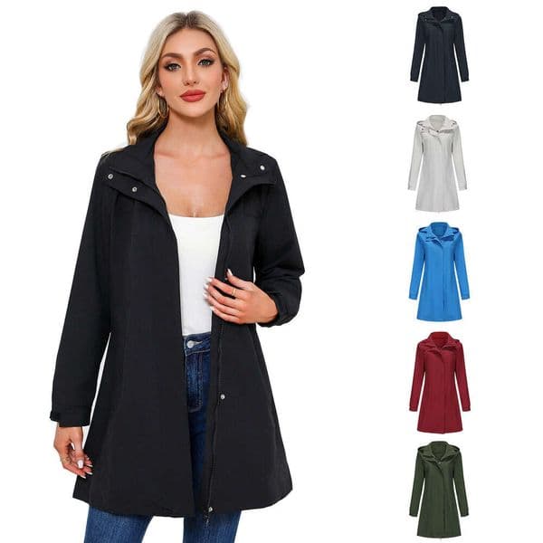 Trench Coat Women 2025 New Spring Autumn Detachable Hat Water-Resistant Solid Color Long Sleeve Thin Jacket Casual Women's Clothing