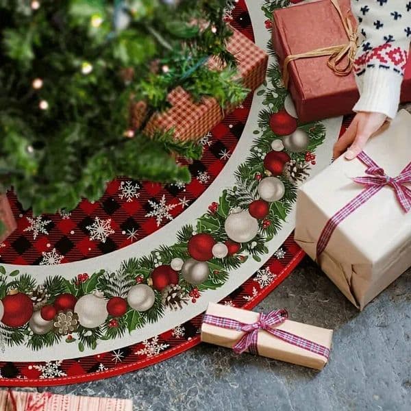 Christmas VIKAMA Red And Black Checkered Snowflake Print Tree Skirt Cushion Party Decoration ddmytues