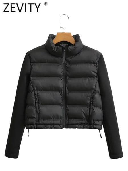 ZEVITY Women Fashion Stand Collar Long Sleeve Patchwork Quilted Cotton Jacket Coat Femme Outerwear Chic Zipper Short Tops CT5817 251112