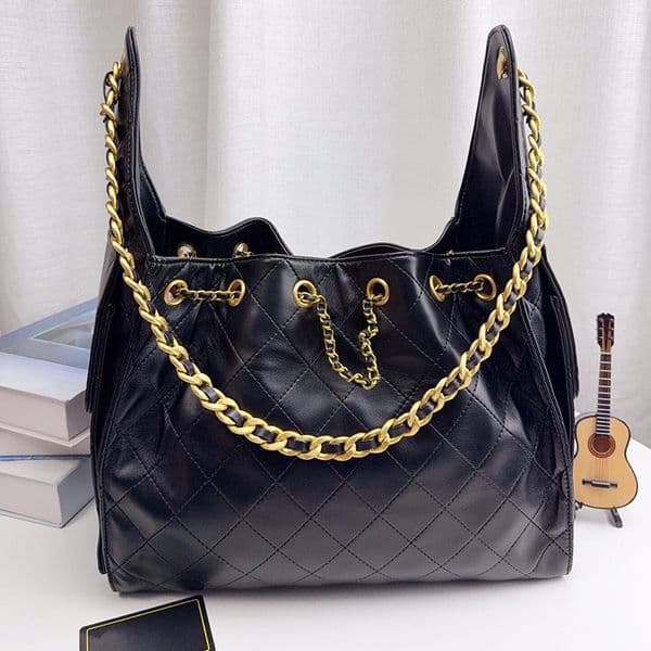 Designer Shoulder Bags Drawstring Chain Hobo 25C Bucket Bag with 2 Pocket Fashion Burgundy Leather and Denim Blue Handbags Totes