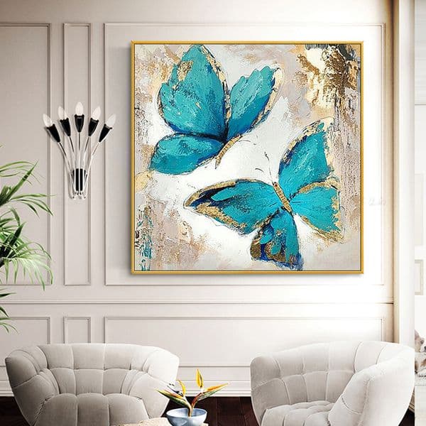 Abstract Blue Butterfly Oil Painting,Large Wall Art,White Art,Landscape Oil Painting Summer Workart Gift For Her Art,Insect Wall Art