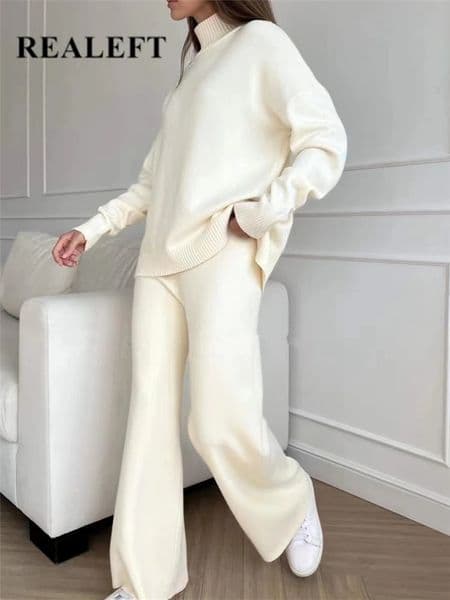 Autumn Winter 2 Pieces Women Sets Knitted Tracksuit Turtleneck Sweater and Straight Jogging Pants Suits 251106