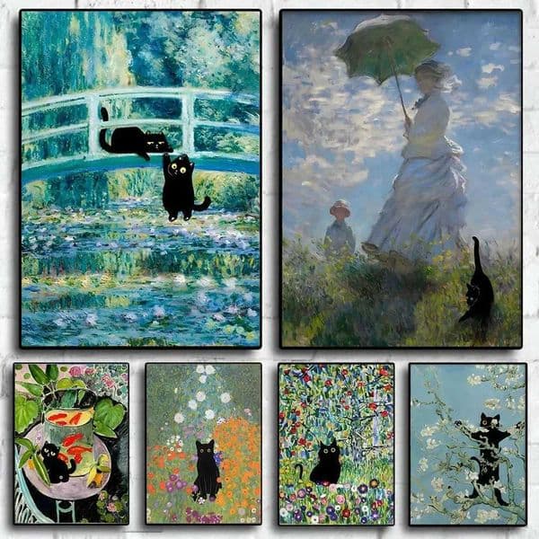 Famous Claude Monet Artwork Black Cat Poster Canvas Painting Posters and Prints Wall Art Picture For Living Ro Decoration H251112
