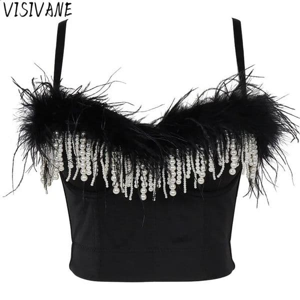 Visivane Fashion tassel feather tank top womens casual bra womens dress Blusa Camis cut top womens tight corset 250410BJ