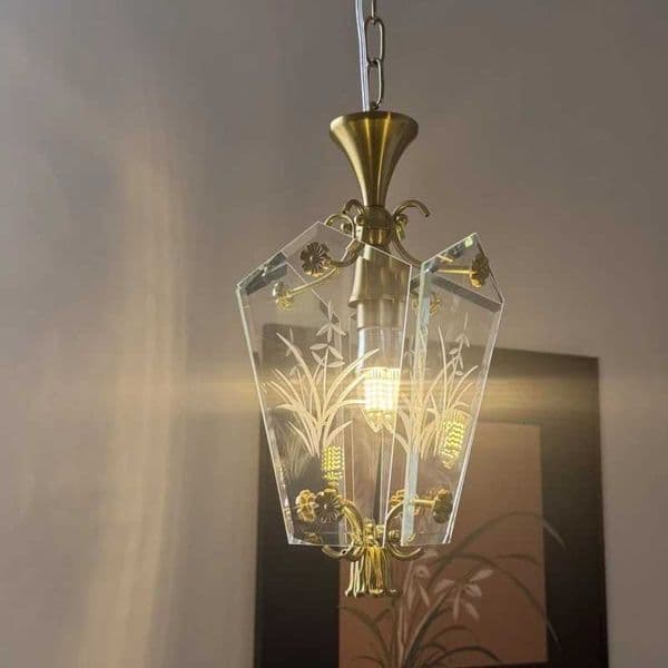 French Style Antique Copper Plated Glass Carved Polished Edge Pendant Light for Restaurant and Homestay Headboards Chandelier X251112