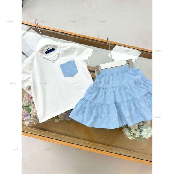 Brand girls dress suit Fresh sky-blue color baby two-piece kids designer clothes T-shirts Multi-color and design skirts A071X02N016