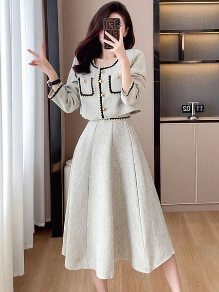 Elegant Tweed Short Jacket ALine Long Skirt 2 Piece Set Women Fall Winter Dress Suit Fashion Party Outfits 251110