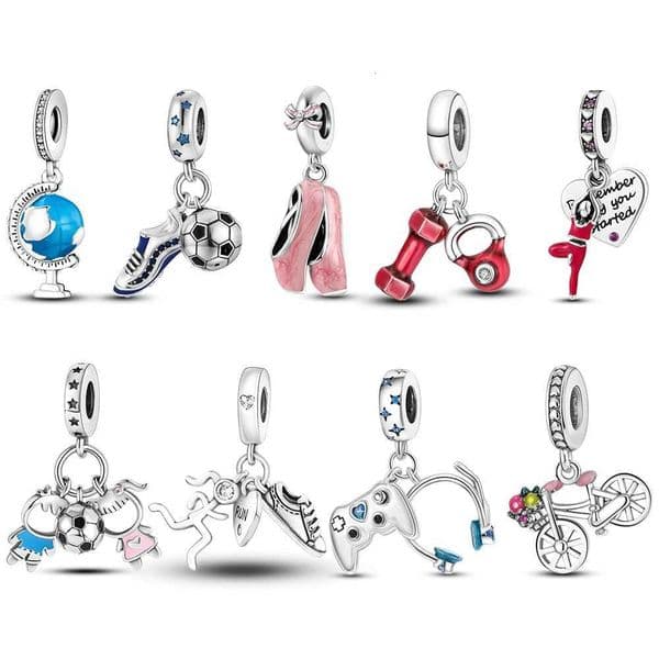2023 Silver Plated World Football Sport Soccer Dumbbell Yoga Dangle Charm Fit MULA Bracelet Necklace Beads Women Jewelry Making W251112