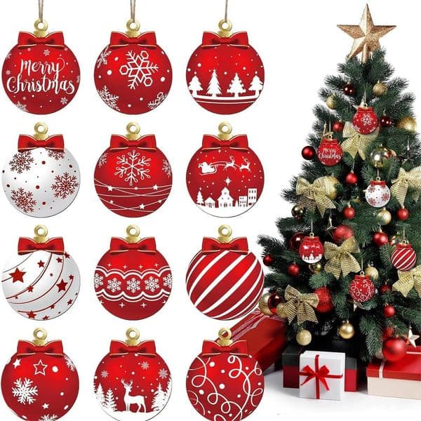 Christmas 12Pcs Decoration 2D Wooden Christma Ball Pendant Tree Hanging Home Room Decor Accessory New Year's Gift ddmytues