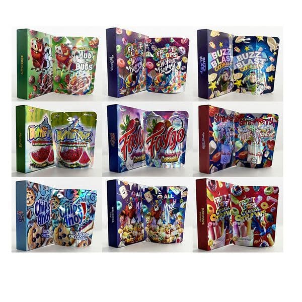 Newe 10 Designs Combo Cartoon Box Set With Mylar Bags 3.5g Smell Proof Soft Touch Empty Pack Zip Lock 3.5 Plastic Package Pouches Storage Paper Packaging Case Kit