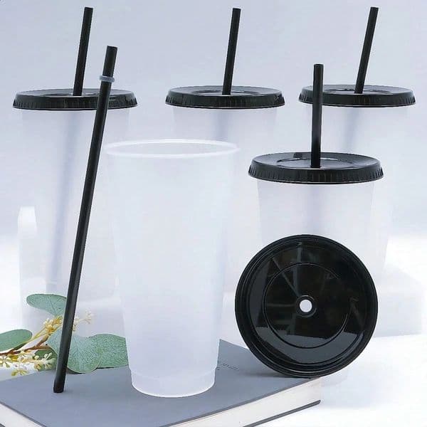5pcs 24oz Transparent Reusable Tumblers With Black Lids and Straws Iced Coffee Water Bottle Cold Smoothie Cups For Parties Drink 250407