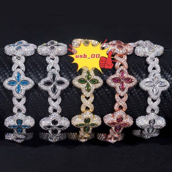 Moissanite Hip Hop Fashion Bracelet 19mm925 Silver Blue Colored Diamond Four Leaf Clover Infinity Link for Parties and Lovers