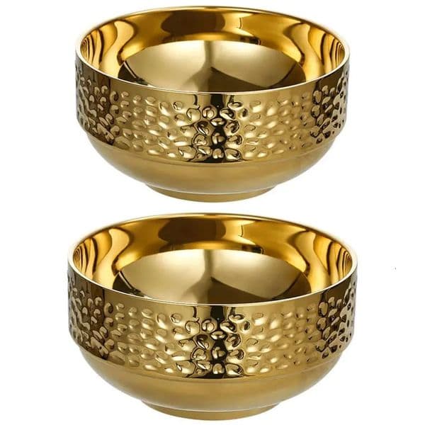 Household 304 Stainless Steel Rice BowlGolden Korean Style Soup Salad BowlDoublelayer Hammer Patterned BowlKimchi Bowl15cm 251113