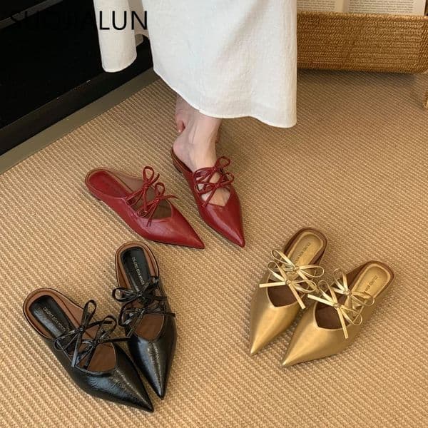 SUOJIALUN Autumn Women Slipper Fashion Pointed Toe Bow-knot Slip On Mules Shoes Square Low Heel Outdoor Dress Sandal 251110