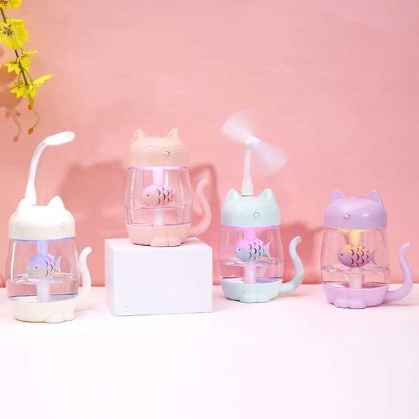 Toolikee 350ml 3in1 USB Himidifier Cat Mini Portable Ultrasonic Lovely Kitty Humidifier with Fan and Night Light Aroma DiffuserM251113