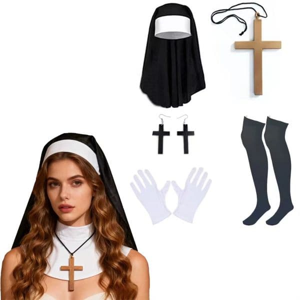Five Halloween nun costume accessories, a nun hat, a white nun collar, a golden cross pendant necklace, etc. are for the Halloween Cosplay party