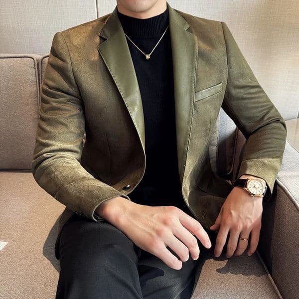 Suede Suit Jacket for Men Korean Fashion PU Splicing Casual Business Blazer Masculino Office Social Dress Coat Men Clothing 251112