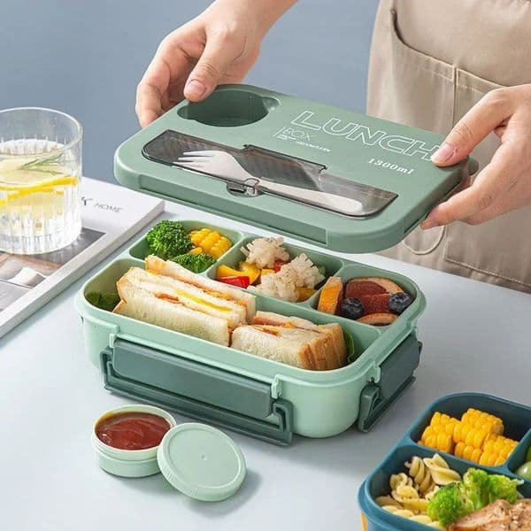 Compartment 1300ML Portable Lunch Box Kids Students Office Bento With Fork and Spoon Microwave Food Storage Container 251112