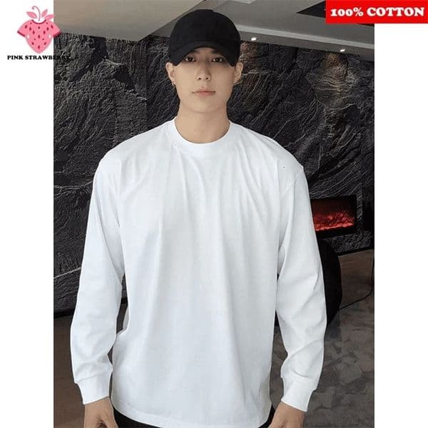 100 Cotton White Long sleeve T-shirt Men Autumn Solid color High quality Loose Casual Black Tee Y2k Top Men clothing 251105