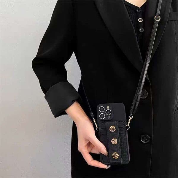 Designer Phone Case 17Promax Compatible With Apple 16 Bank Card Slot 15Promax Crossbody Strap 14Pro/13/12 Gold Flower Phone Case Designer