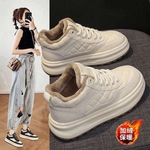 Free shipping High-Top for Women 2025 New Autumn Winter Versatile Thick-Soled Casual White Shoes Fleece-Lined Warm Double Cotton Sneakers